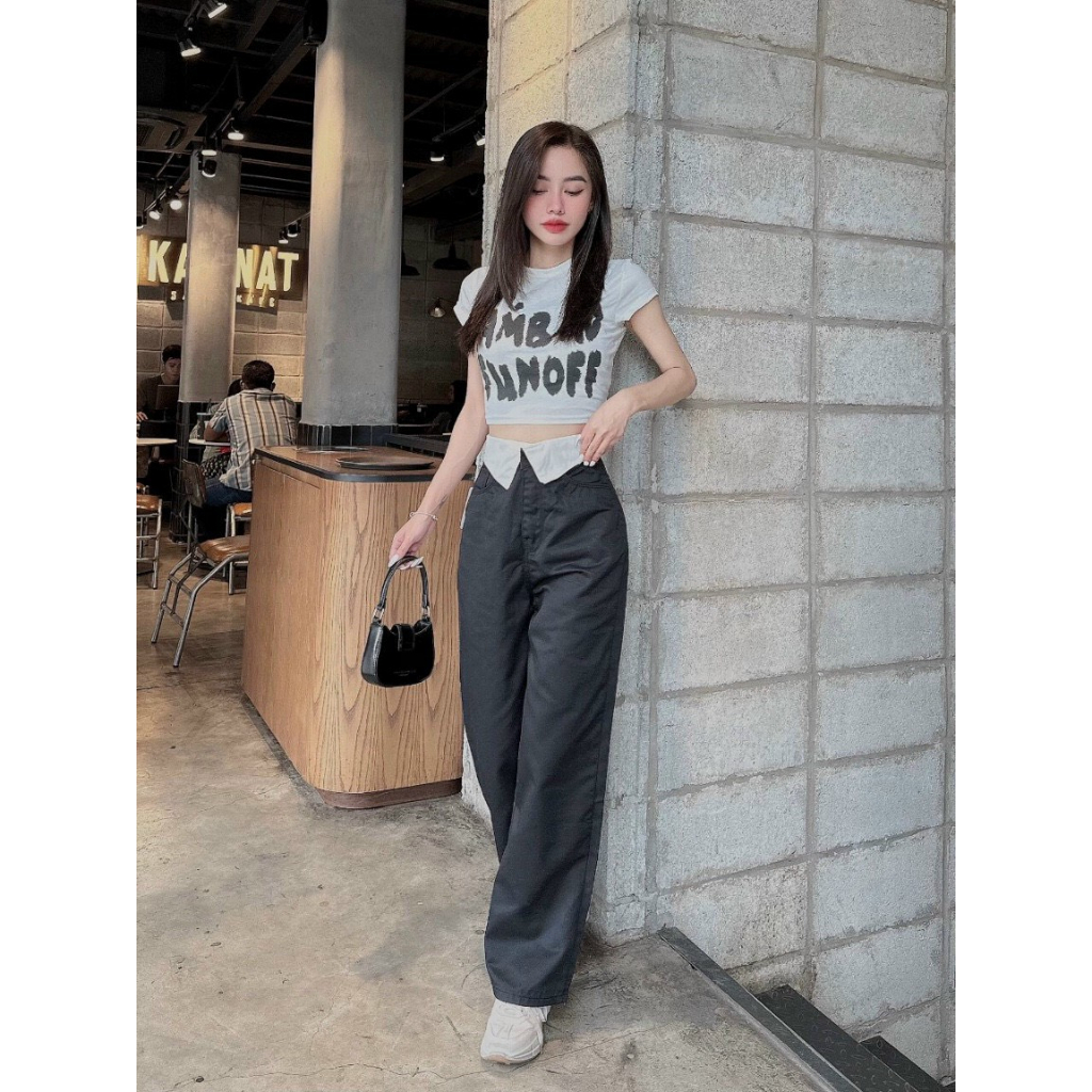 Quần jean nữ lưng cao ống rộng bẻ cạp dáng suông , quần bò nữ ống đứng ulzzang vải bò dày đẹp không giãn cạp bẻ phối mà