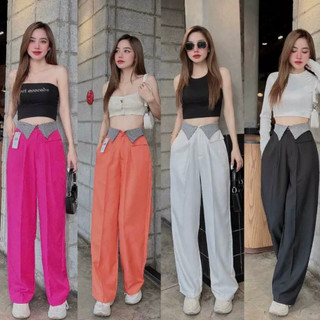 Quần suông ống rộng cạp cao khuy trước kèm túi, Quần vải lưng cao, Quần tây ống suông cạp bẻ LK9493784735