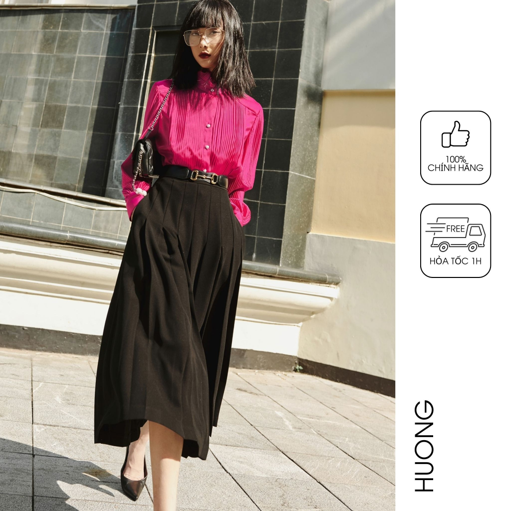 Chân váy midi xếp ly HUONG BOUTIQUE HBZ362 ly to, dáng dài