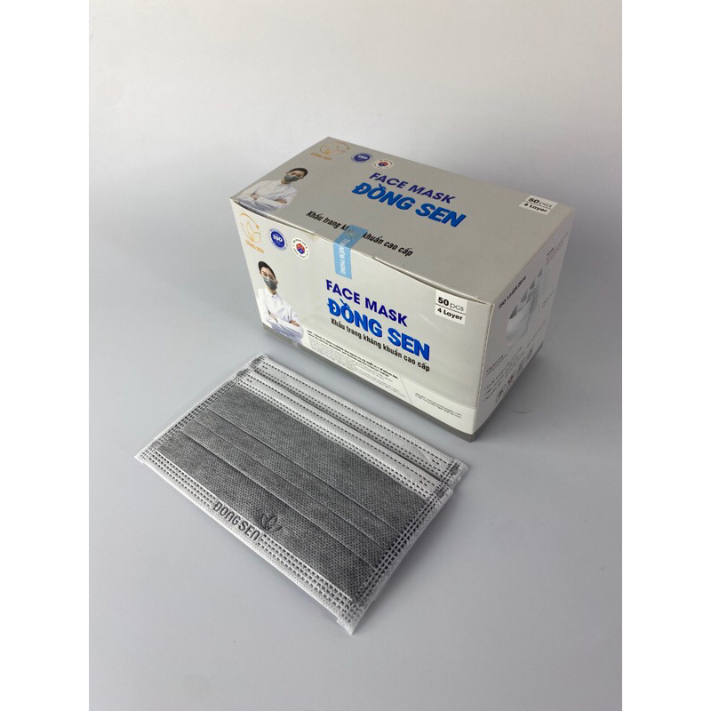Khẩu trang y tế , 4 lớp , giấy kháng khuẩn , màu xám , trắng và xanh .