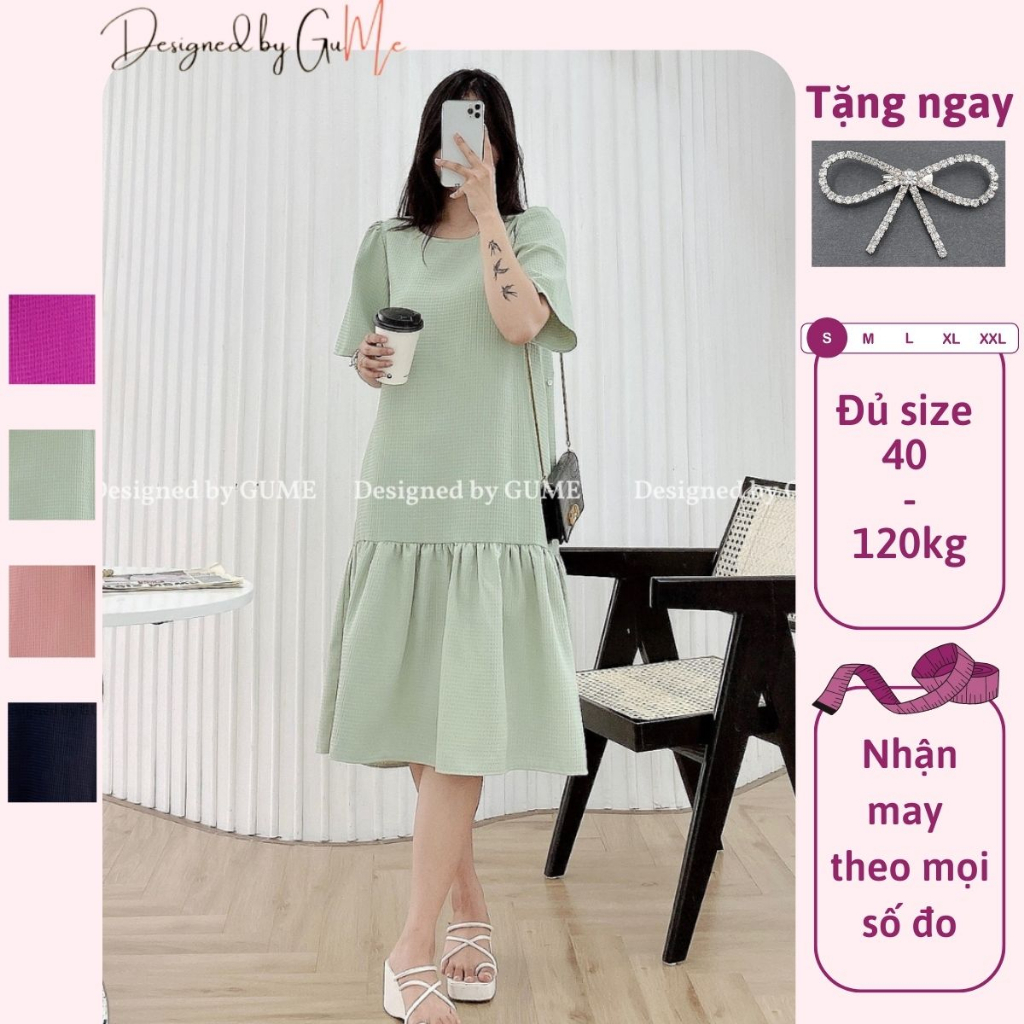 Váy bầu bigsize - Đầm bầu thiết kế GuMe Tiểu Thư Dáng Suông Đuôi Cá Cổ Tròn chất vải đũi xốp size 40-100kg GM040