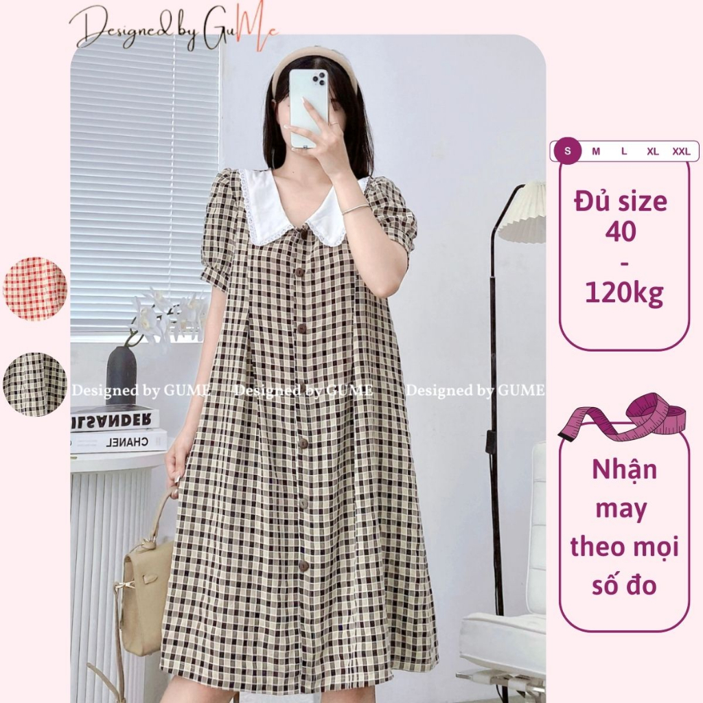 Váy Bầu Thiết Kế Bigsize Gume Đầm Bầu Tiểu Thư Dáng Suông Cổ Ren Tay Bồng Vải Caro Kẻ Vuông Mặc Đi Chơi Mặc Ở Nhà GM027
