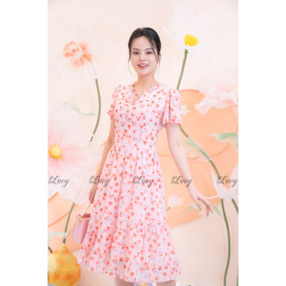 Đầm xoè Edwin 3335 voan hoa nhí cổ bèo cột nơ váy Lucy