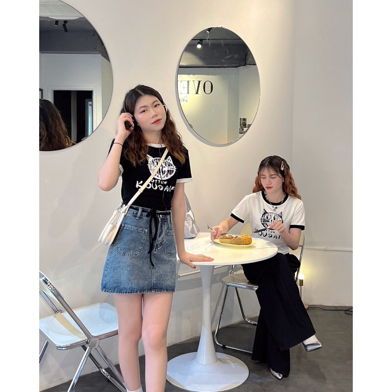 Áo baby tee nữ a238708 croptop thun phông dáng ngắn hình con mèo dây buộc sau germe