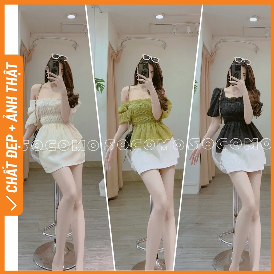 Áo tơ tay bồng chun thân phong cách hàn quốc Socomo A392023 - Hàng loại 1, chất đẹp - Giá tốt