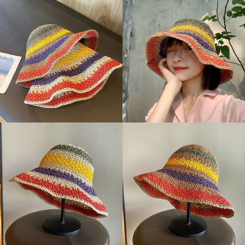 Mũ cói đan tay bảy màu, nón cói mềm dễ dàng chỉnh form gấp gọn được đi chơi đi du lịch