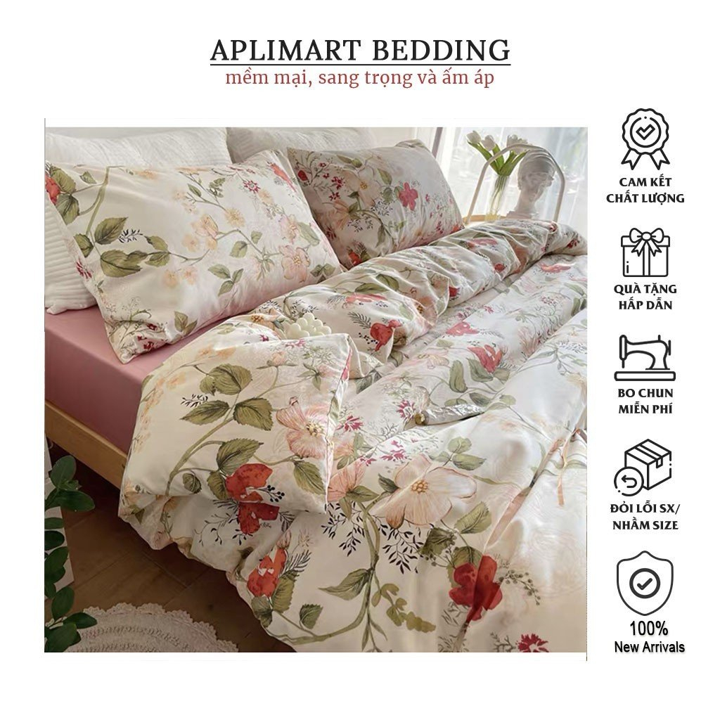 Chăn Ga Gối Cotton Living Hàng Nhập Khẩu Cao Cấp 4 Món Lá Xanh Nền Trắng, Vải Mềm Mịn, Cực Đẹp