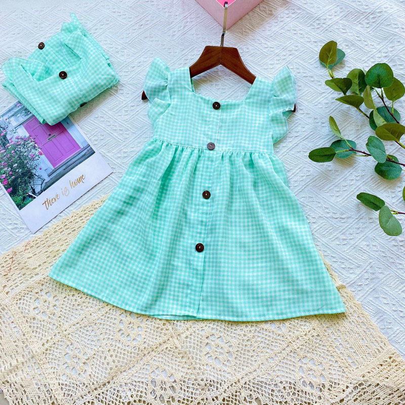 Váy xanh cổ vuông tay cánh tiên dễ thương cho bé gái