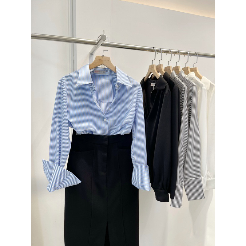 Áo Sơ mi tay dài kẻ sọc xanh chất vải bamboo thoáng mịn mát mẻ mùa hè