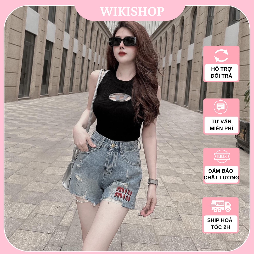 Quần sooc bò nữ cạp cao thêu Miu Miu có size dáng ngắn sexy co giãn xanh mài cá tính Wikishop C1489