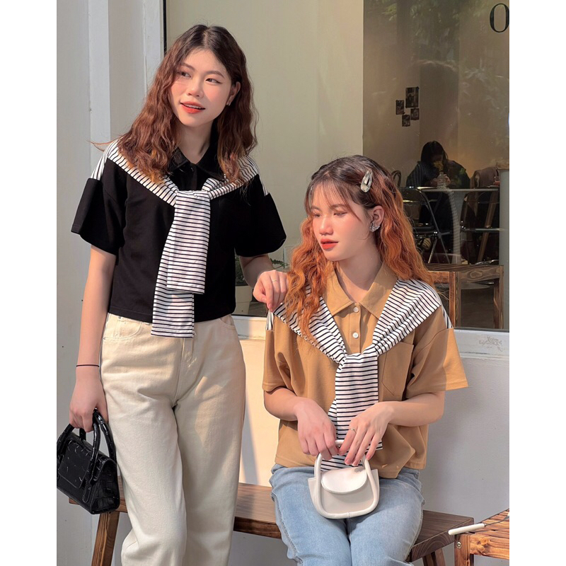 Áo phông polo nữ cổ đức túi ngực kèm khăn kẻ a238712 by germe