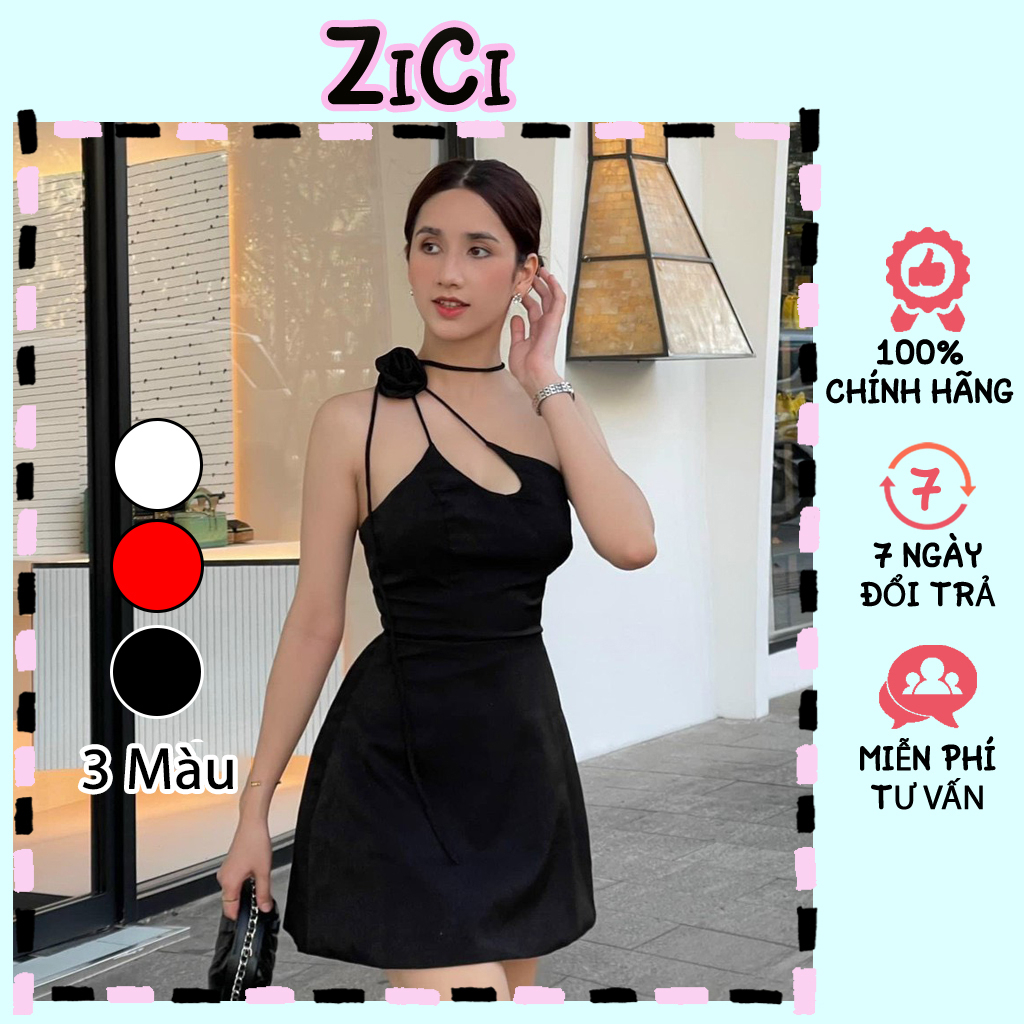 Đầm nữ hoa nơ cổ yếm dáng ngắn, váy nữ thiết kế chữ A sang chảnh đi chơi dạo phố ZICI DLECOH01