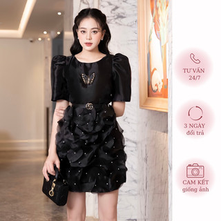 Đầm tơ cổ tròn tay ngắn không kèm đai ảnh thật shop chụp | merrchuyenvay