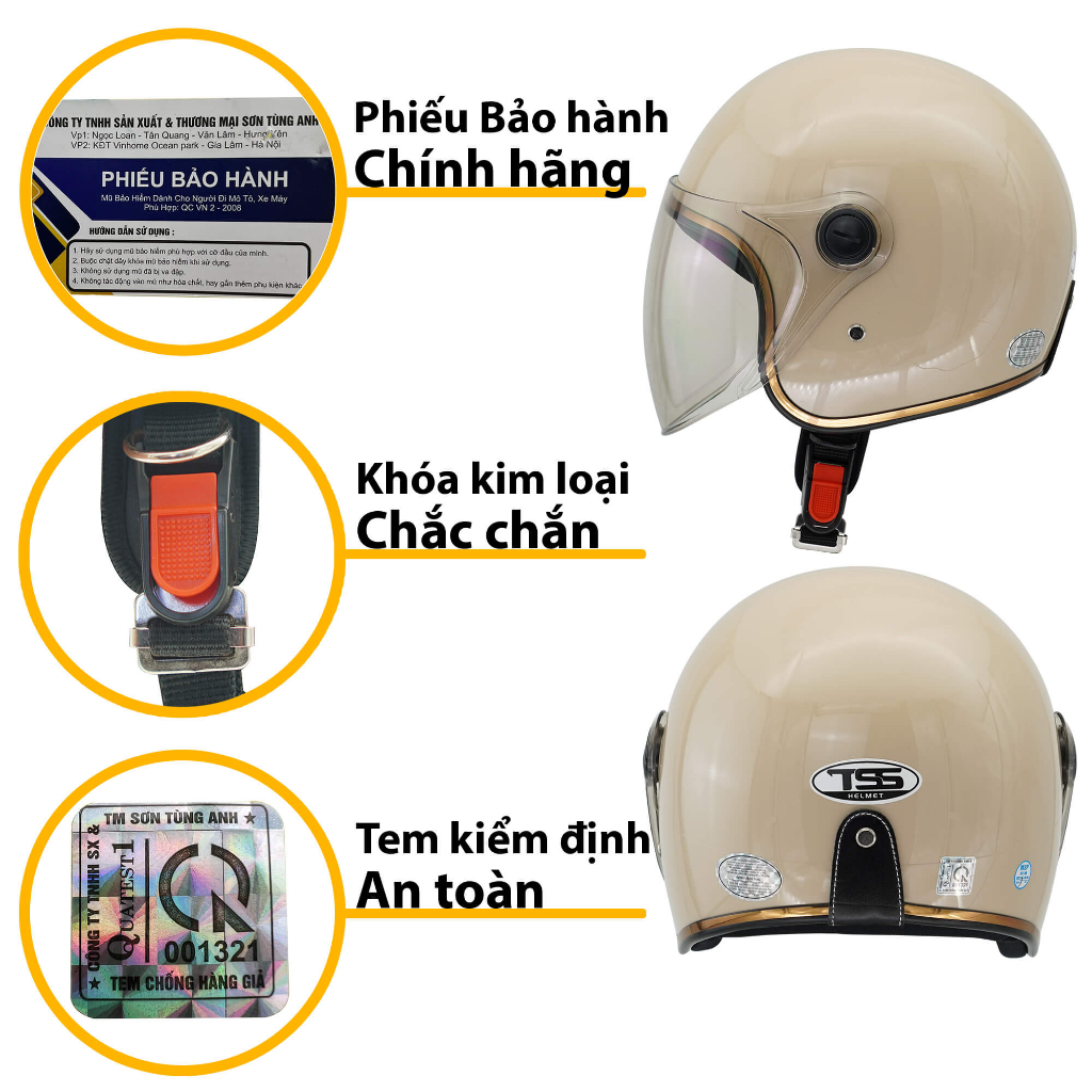 Mũ Bảo Hiểm 3/4 đầu có kính TSS Helmet, lót nâu sang trọng, khóa kim loại chắc chắn