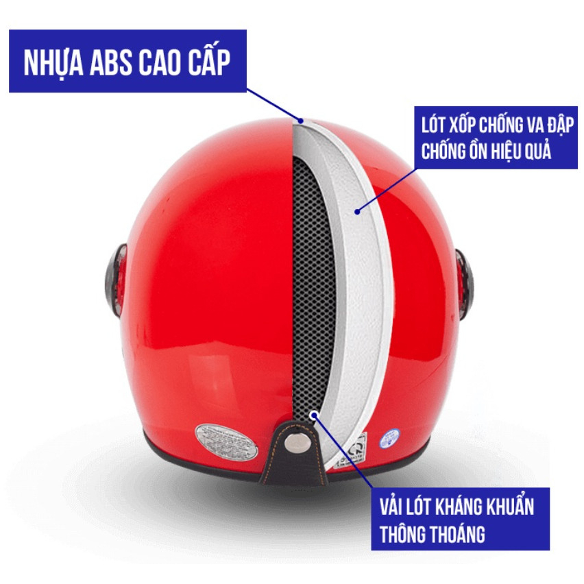 Mũ Bảo Hiểm 3/4 đầu có kính TSS Helmet, lót nâu sang trọng, khóa kim loại chắc chắn