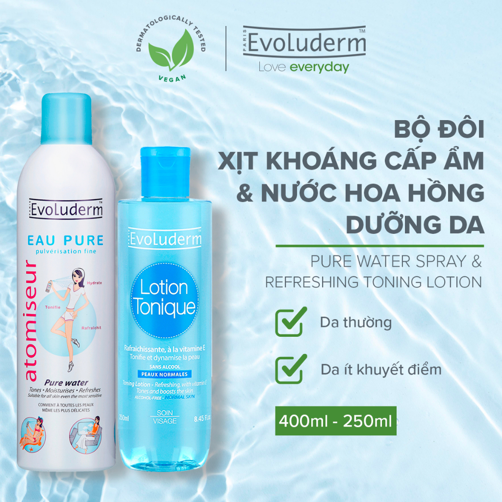 Bộ sản phẩm dưỡng ẩm và chăm sóc da Xịt khoáng Evoluderm 400ml + Nước hoa hồng dành cho da thường 250ml