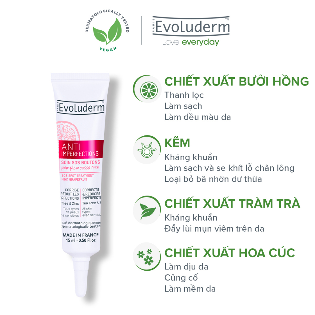 Gel chấm giảm mụn cấp tốc SOS Spot Treatment chiết xuất Bưởi hồng Evoluderm 15ml