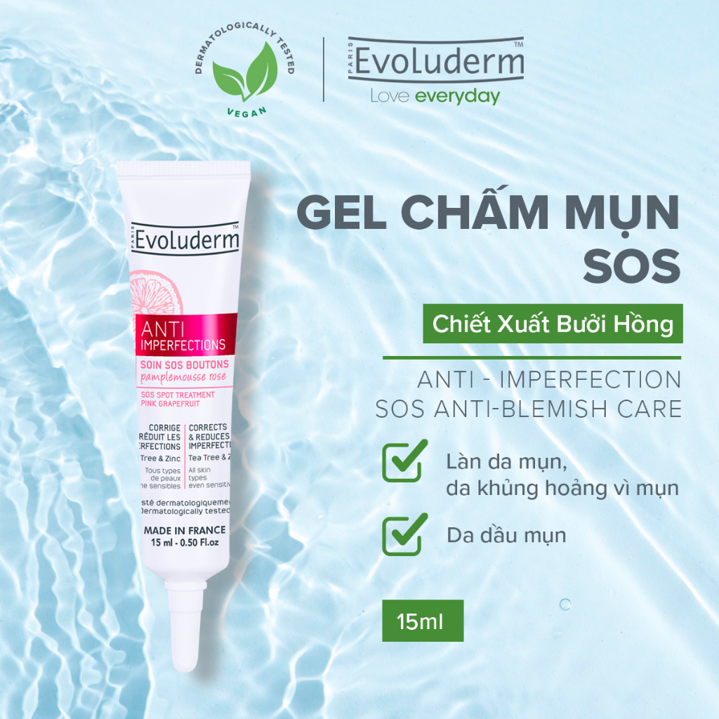 Gel chấm giảm mụn cấp tốc SOS Spot Treatment chiết xuất Bưởi hồng Evoluderm 15ml