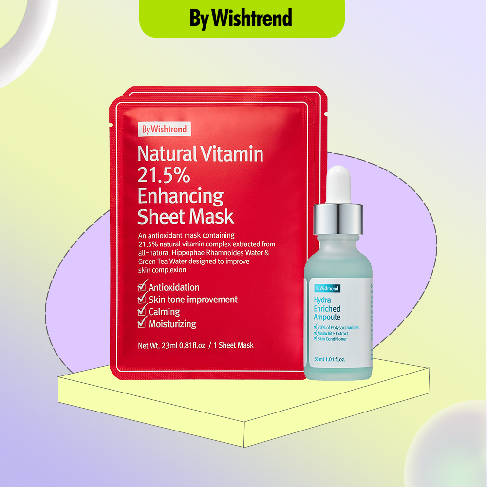 Combo By Wishtrend tinh chất Hydra Enriched Ampoule 30ml + 2 mặt nạ giấy Natural Vitamin 21.5% Sheet Mask 23ml