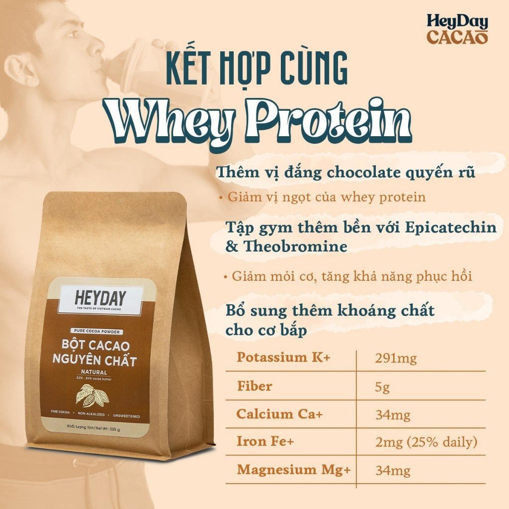 Bột cacao nguyên chất 100% Heyday - Dòng Natural thuần tự nhiên, không kiềm hoá - Túi giấy 225g - Chuẩn UTZ Quốc Tế