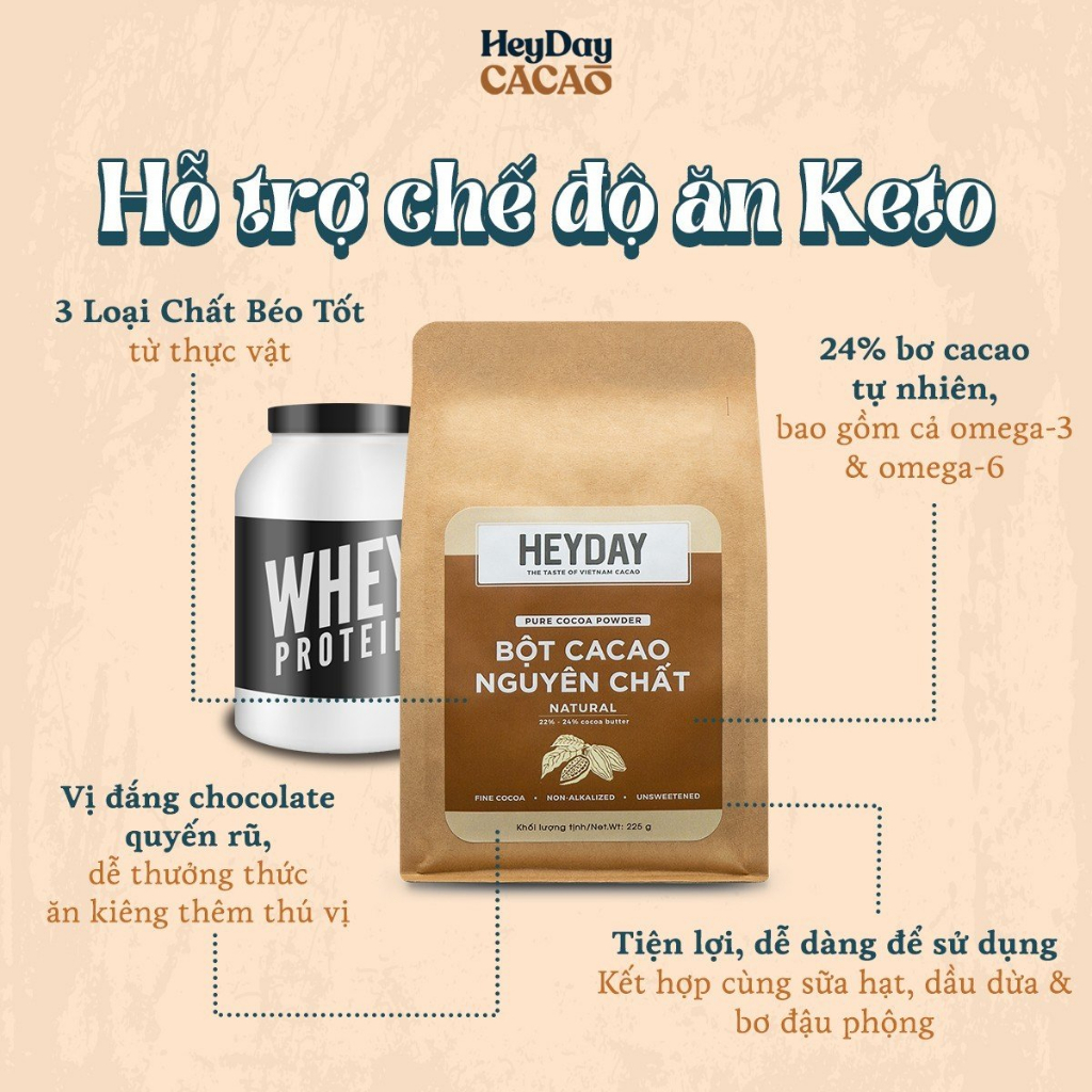 Bột cacao nguyên chất 100% Heyday - Dòng Natural thuần tự nhiên, không kiềm hoá - Túi giấy 225g - Chuẩn UTZ Quốc Tế