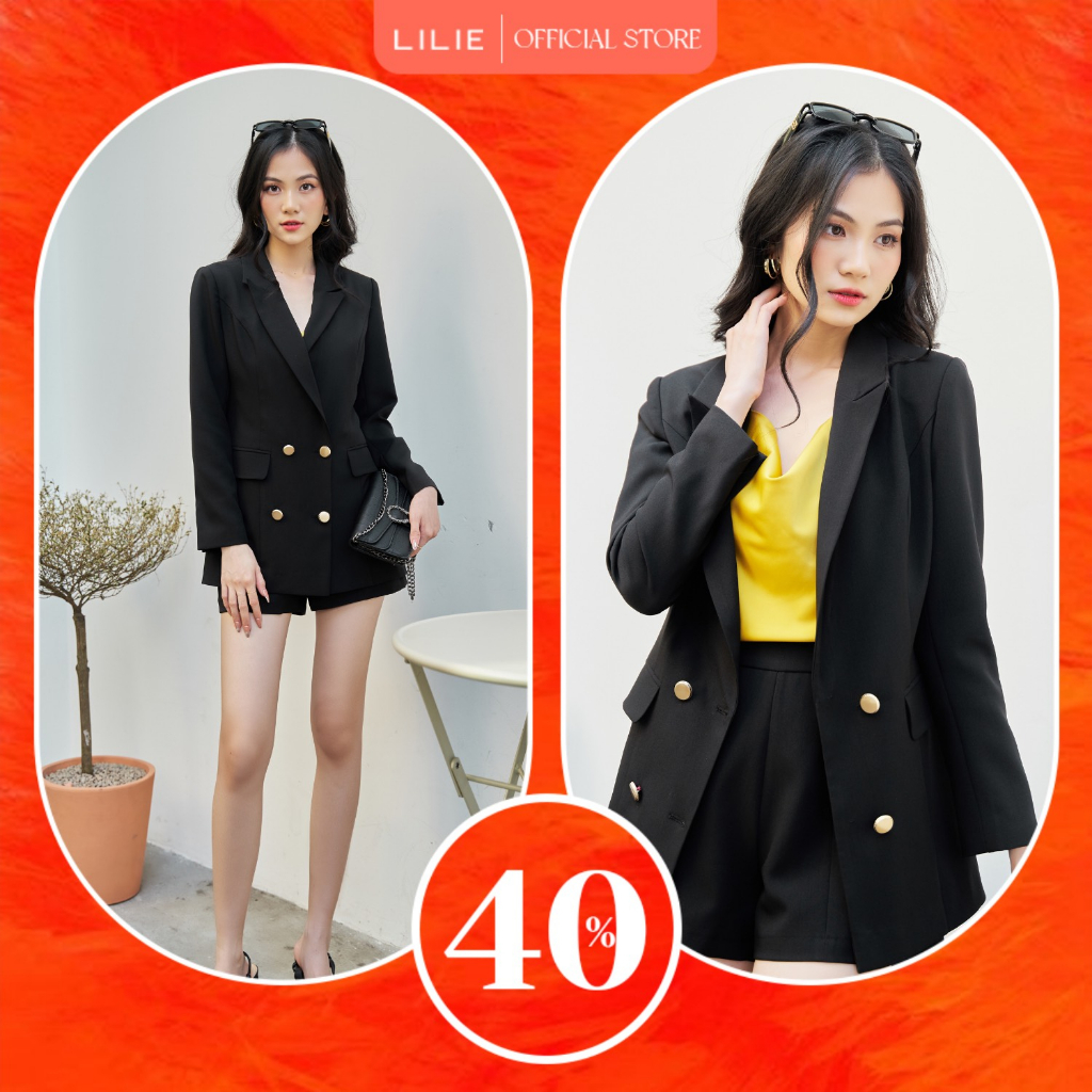 Set Blazer 4 cúc vàng đen và quần đùi 6 cúc đen