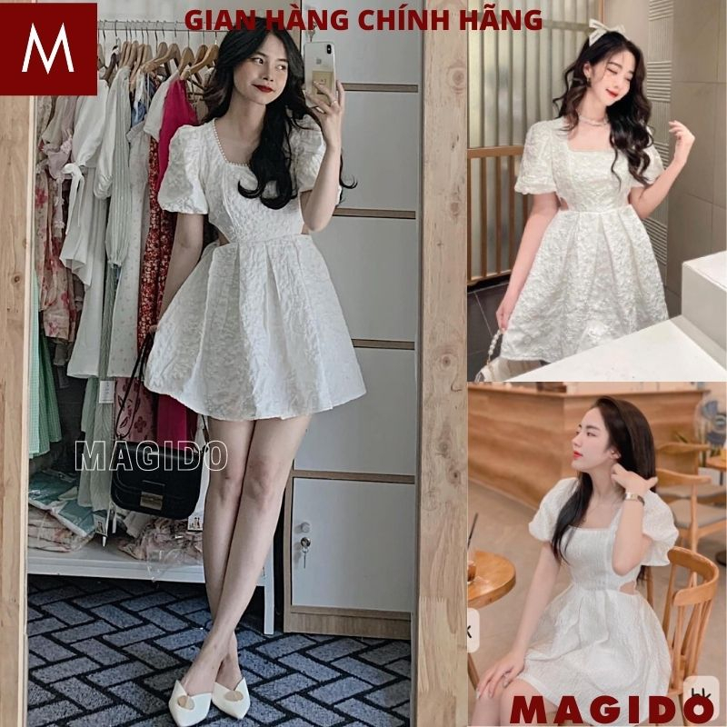 Váy khoét eo tay bồng dáng ngắn xòe - Đầm gấm xốp tiểu thư màu trắng thời trang nữ tính hot - MAGIDO V30