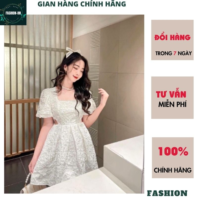 Đầm trắng khoét hở eo cổ vuông tay bồng - Váy gấm xốp dáng ngắn xòe tiểu thư sang chảnh hot - FASHION V30