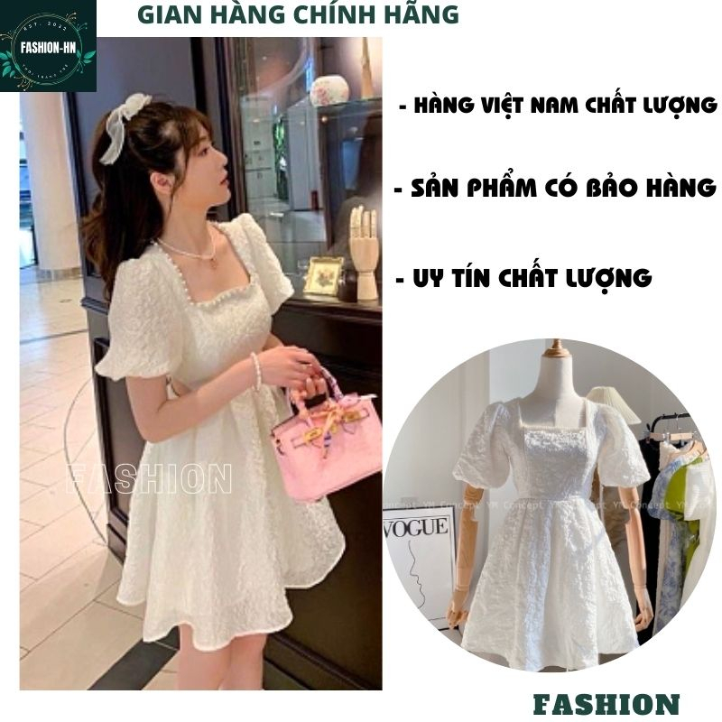 Đầm trắng khoét hở eo cổ vuông tay bồng - Váy gấm xốp dáng ngắn xòe tiểu thư sang chảnh hot - FASHION V30