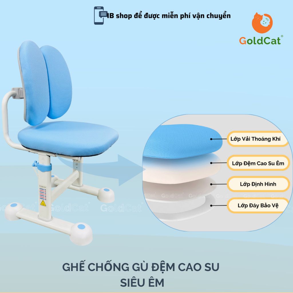 Ghế Chống Gù Học Sinh G03 GoldCat Nâng Hạ Độ Cao, Đệm Cao Su Siêu Êm Cho Bé Tư Thế Ngồi Khoa Học