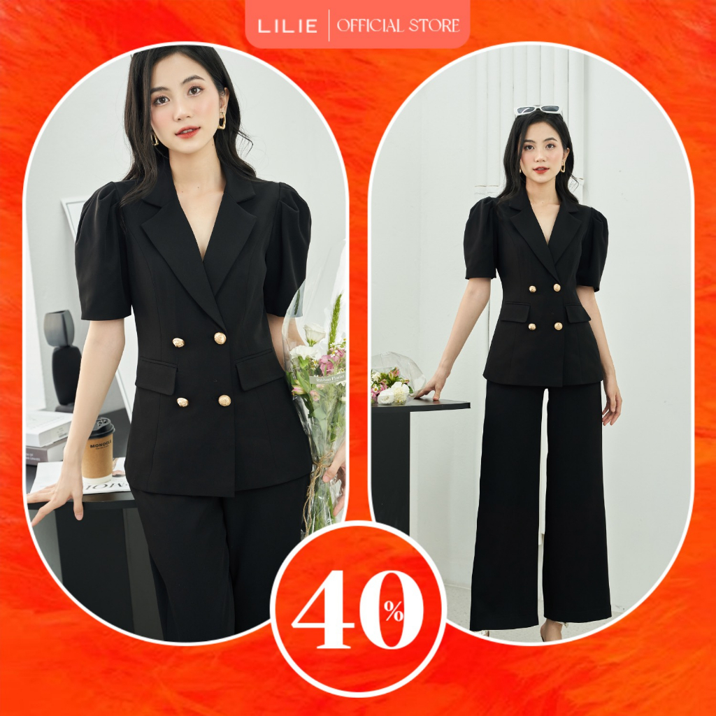 Set Blazer 4 cúc vàng cộc tay đen và quần ống đứng đen
