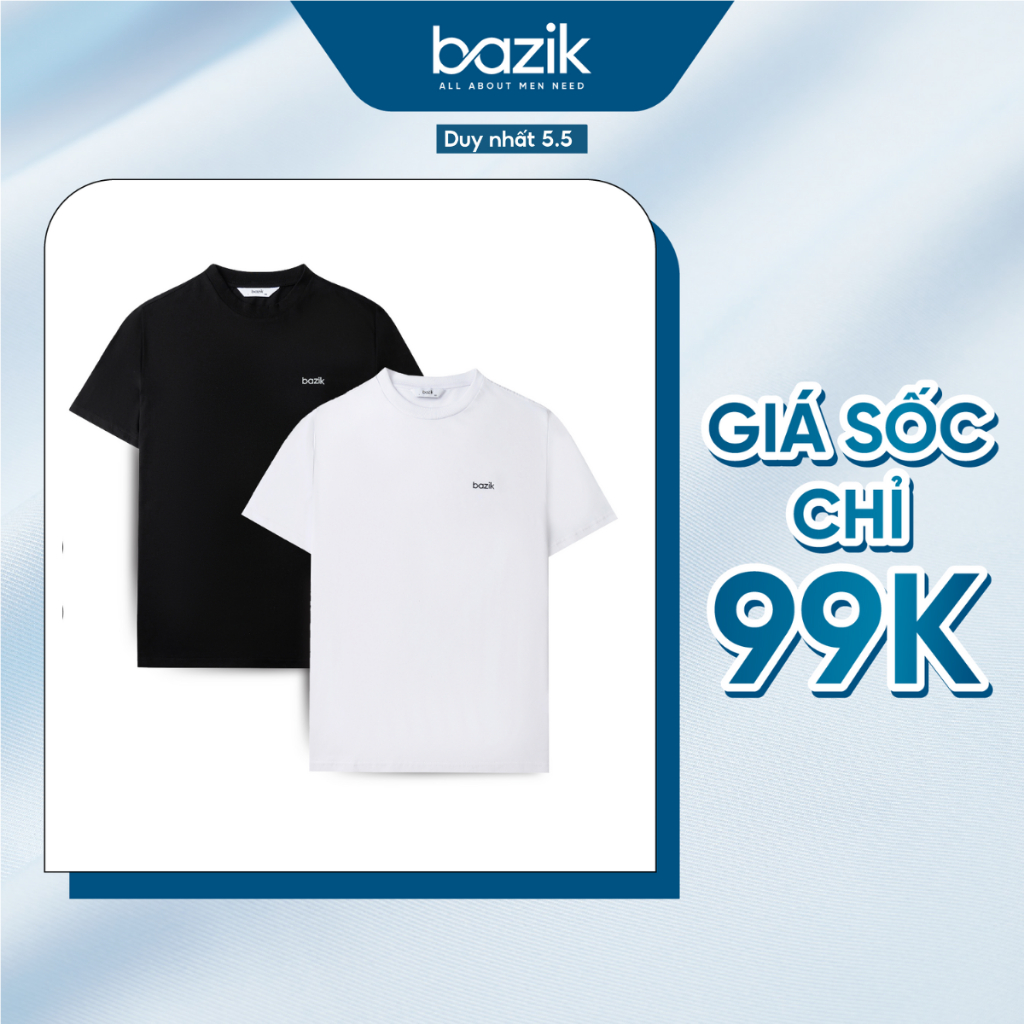 Áo Thun Nam Bazik cổ tròn AiryCott vải cotton tay ngắn co giãn, thoáng mát logo in ngực form regular