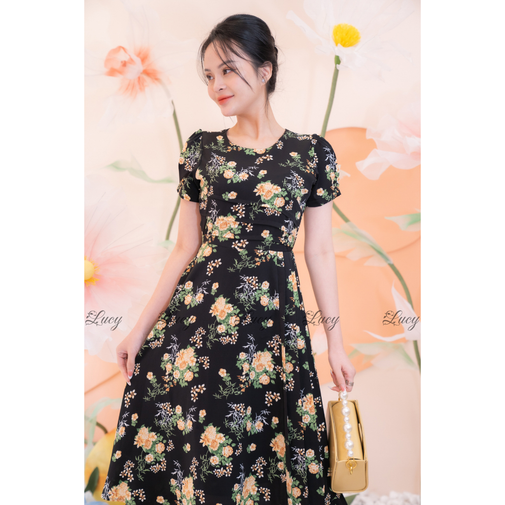 Đầm xoè Cordelia 3675 lụa hoa tay con nhấn eo váy Lucy