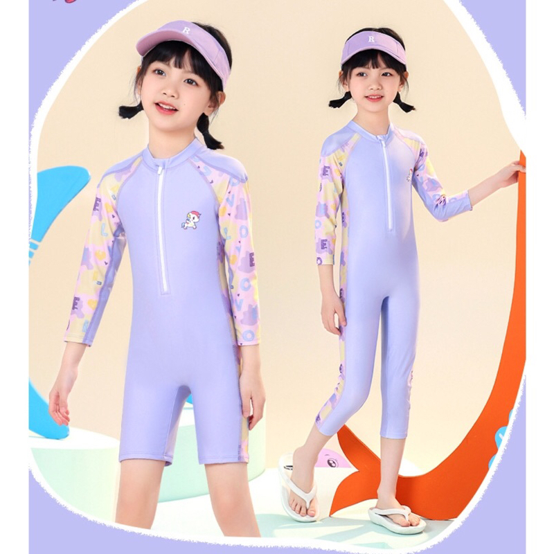 Đồ bơi liền thân dài tay ngắn chân YY2258-2 cho bé gái dễ thương in hình khủng long Dino,pony, mẫu mới 2023