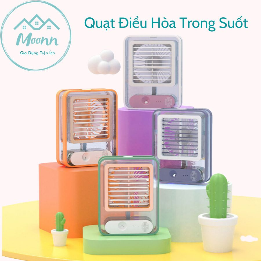 Quạt Điều Hoà Mini Để Bàn, Quạt Phun Sương Sạc Tích Điện Trong Suốt 3 Cấp Độ Gió Dung Tích Bình 300ml, Bảo Hành 3 Tháng