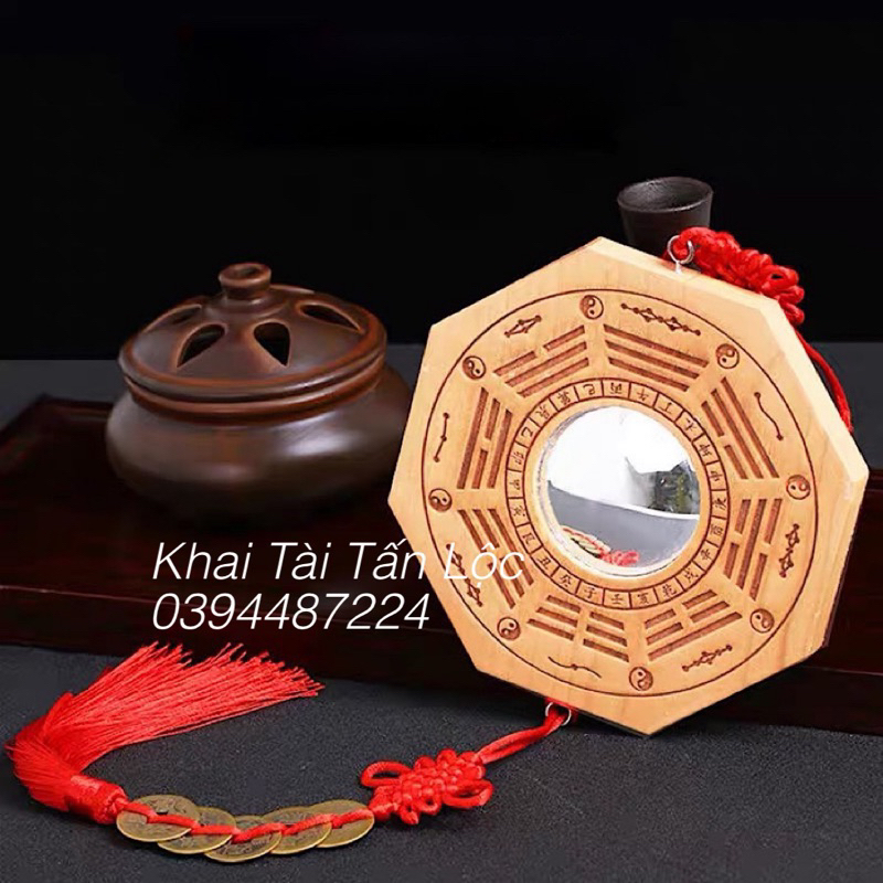 Gương bát quái gỗ đào lồi xâu ngũ đế hoá giải nhà phạm phong thủy