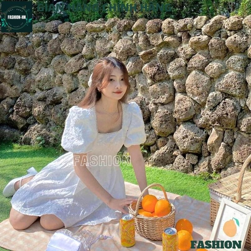 Đầm trắng khoét hở eo cổ vuông tay bồng - Váy gấm xốp dáng ngắn xòe tiểu thư sang chảnh hot - FASHION V30