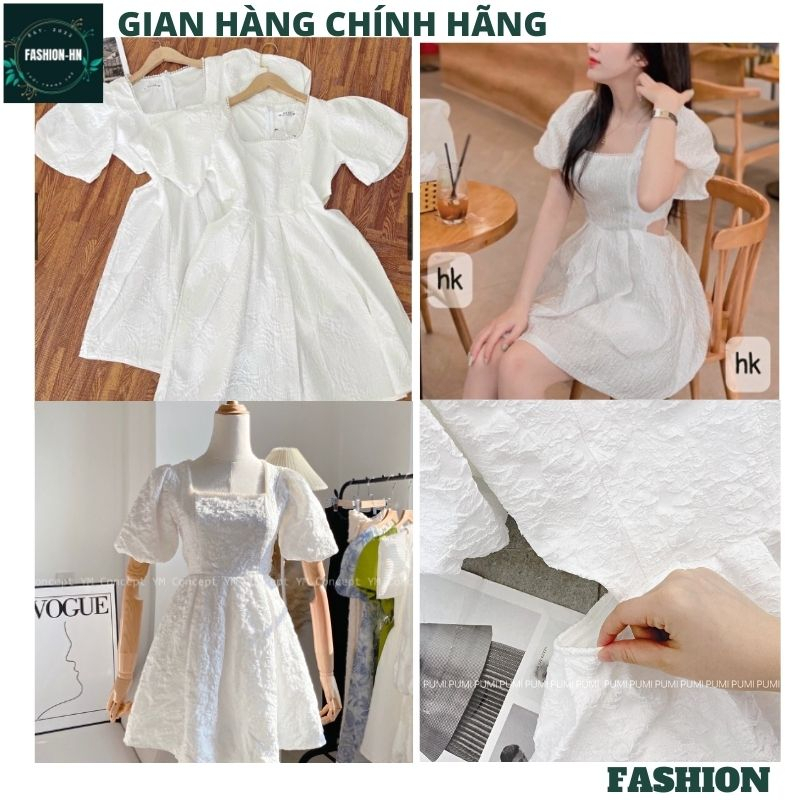 Đầm trắng khoét hở eo cổ vuông tay bồng - Váy gấm xốp dáng ngắn xòe tiểu thư sang chảnh hot - FASHION V30