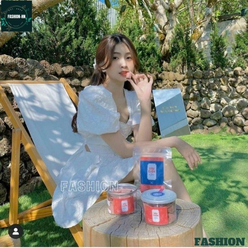 Đầm trắng khoét hở eo cổ vuông tay bồng - Váy gấm xốp dáng ngắn xòe tiểu thư sang chảnh hot - FASHION V30