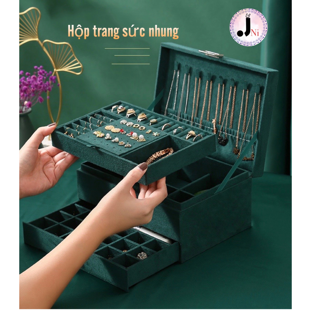 Hộp đựng đồ trang sức nhiều tầng bọc nhung chống bụi khung gỗ cao cấp có khóa an toàn