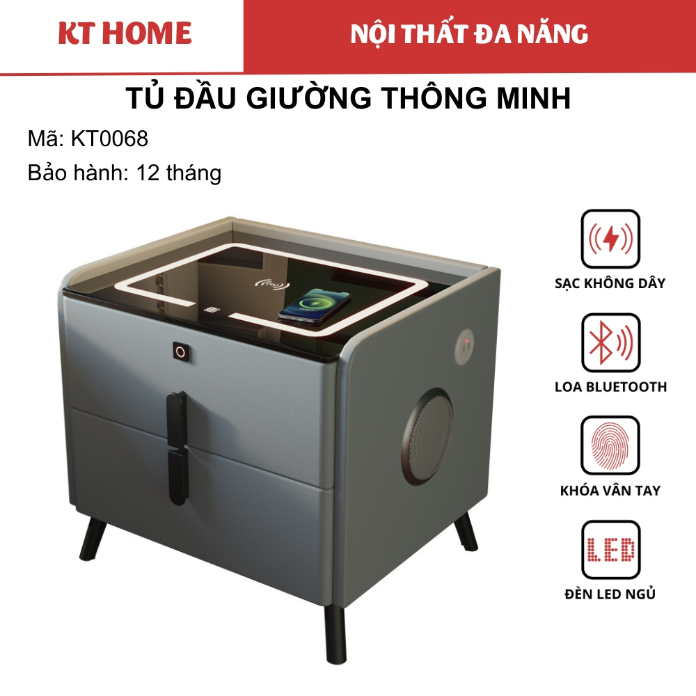 Tủ Đầu Giường Thông Minh, Tab Đầu Giường Hiện Đại Cảm Biến Khóa Vân Tay, Kèm Sạc Điện Thoại, Loa Bluetooth