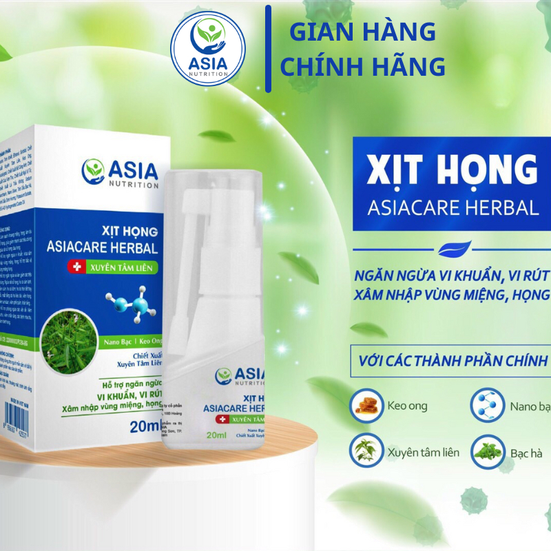 Xịt họng Asiacare Herbal Asia dung tích 20ml tác dụng ngăn ngừa vi khuẩn, virut xâm nhập vùng miệng