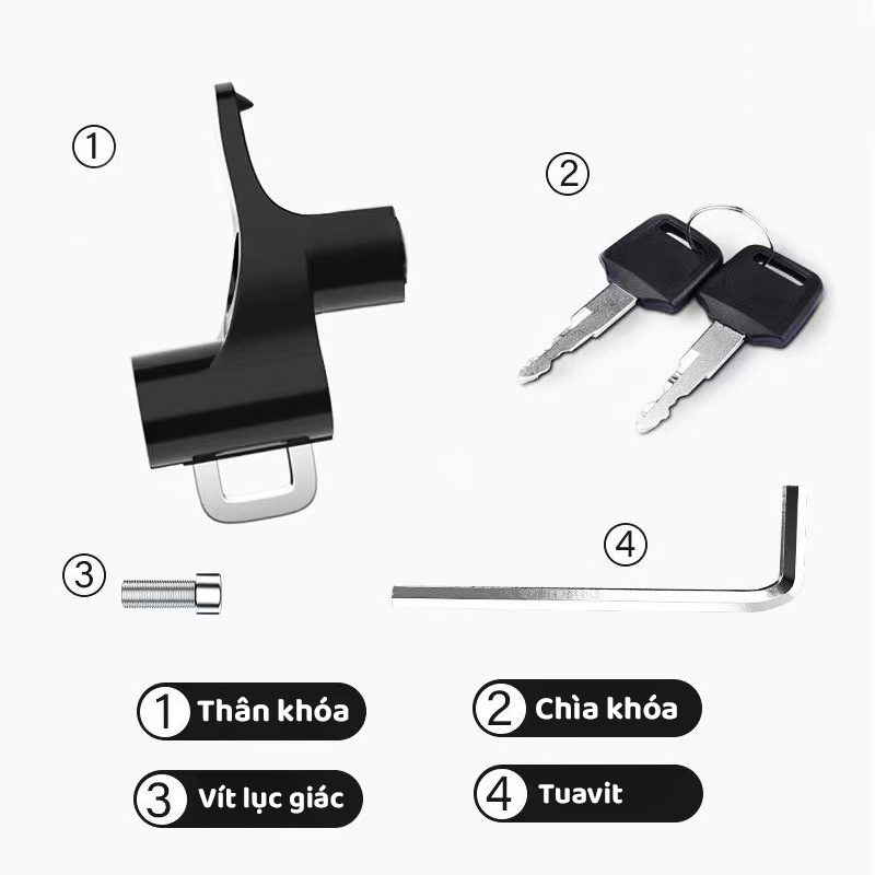 Khóa mũ bảo hiểm cho xe máy, xe đạp điện hai chế độ khóa mũ và treo đồ - Chất thép chống gỉ an toàn - Kèm 2 chìa k2226mm