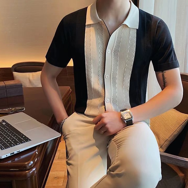 Áo Thun Polo Nam Vải Dệt Kim Thoáng Khí Phong Cách Hàn Quốc Cho Nam