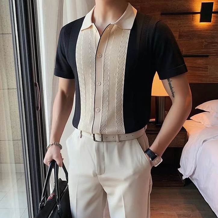 Áo Thun Polo Nam Vải Dệt Kim Thoáng Khí Phong Cách Hàn Quốc Cho Nam