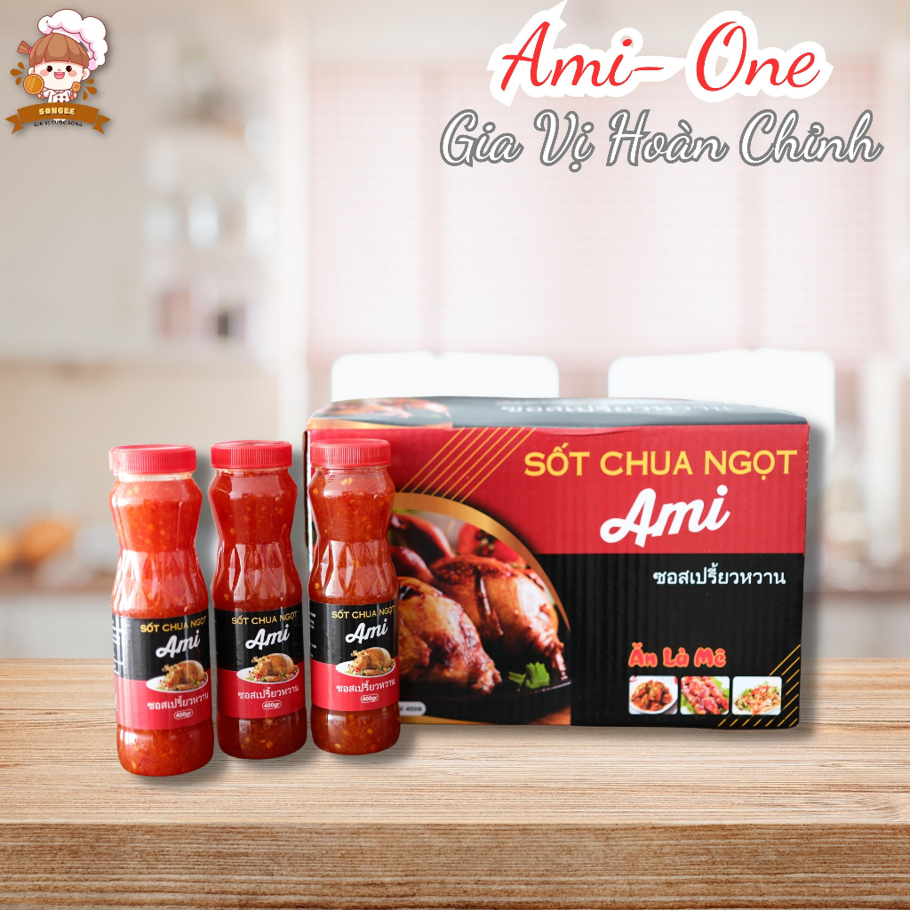 Sốt nước chấm chua ngọt đặc biệt thơm ngon đậm đà. Sốt chua ngọt ami one 400g và 1200g. Chấm, nấu, ướp, salad đều ngon