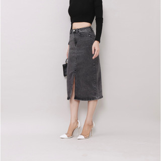 Chân váy jean nữ dáng dài trơn lưng cao xẻ trước co giãn gấu thường CT Jeans