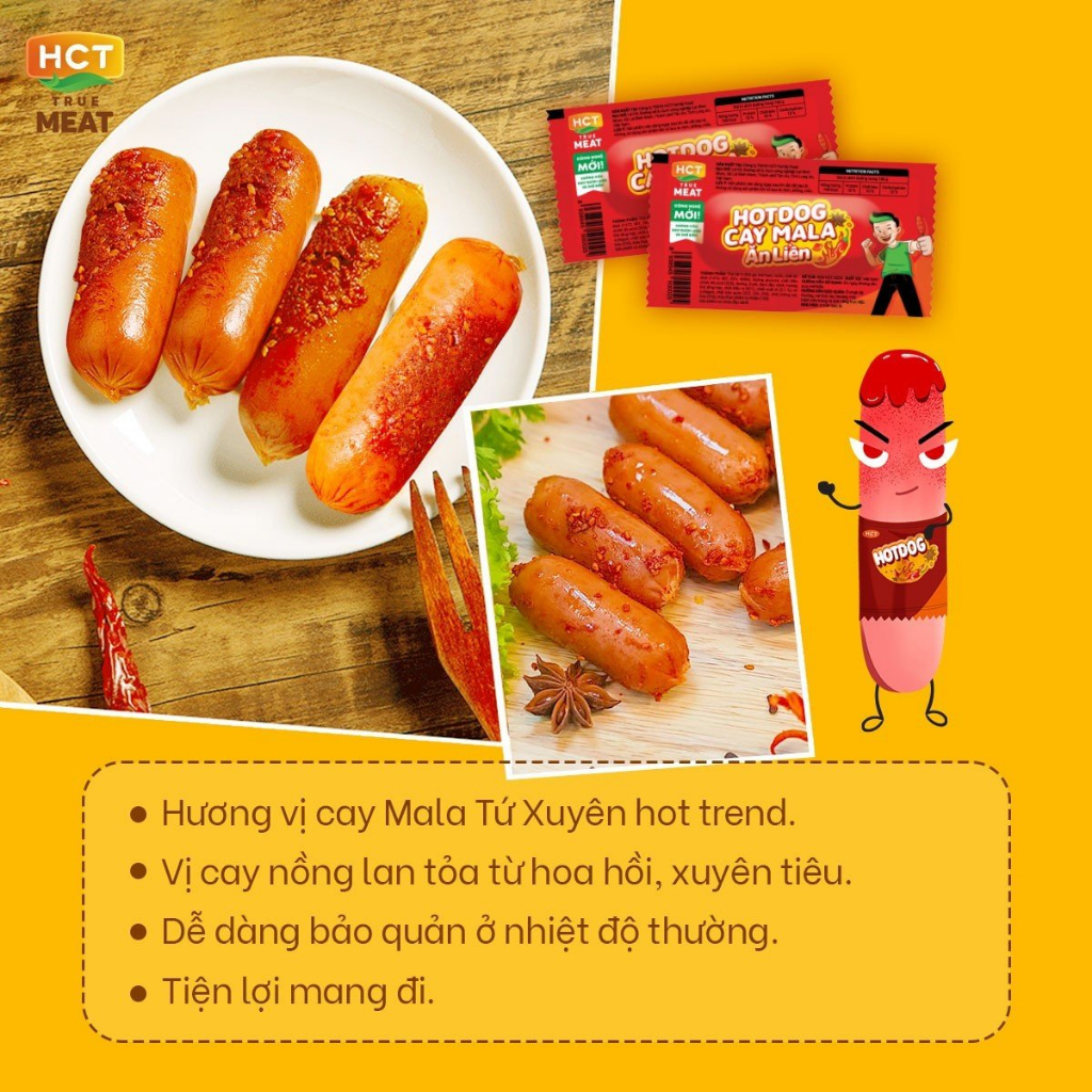 Combo 10 cây Xúc xích hotdog ăn liền 3 vị bắp/xông khói/cay HCT True Meat 28gx10 cây