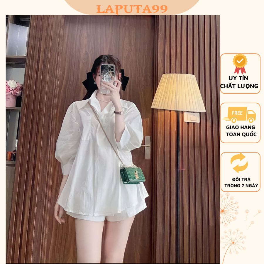 Áo Sơ Mi Tay Lỡ Ngắn Tay Kèm Quần Short Đùi Dáng Rộng Vải Lụa Thô 3 Màu Xanh Trắng Hồng Freesize Laputa99