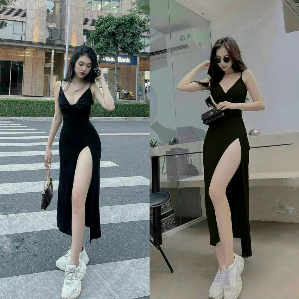Đầm body thun hai dây dáng midi xẻ tà phong cách đường phố, sexy, quyến dũ [459]